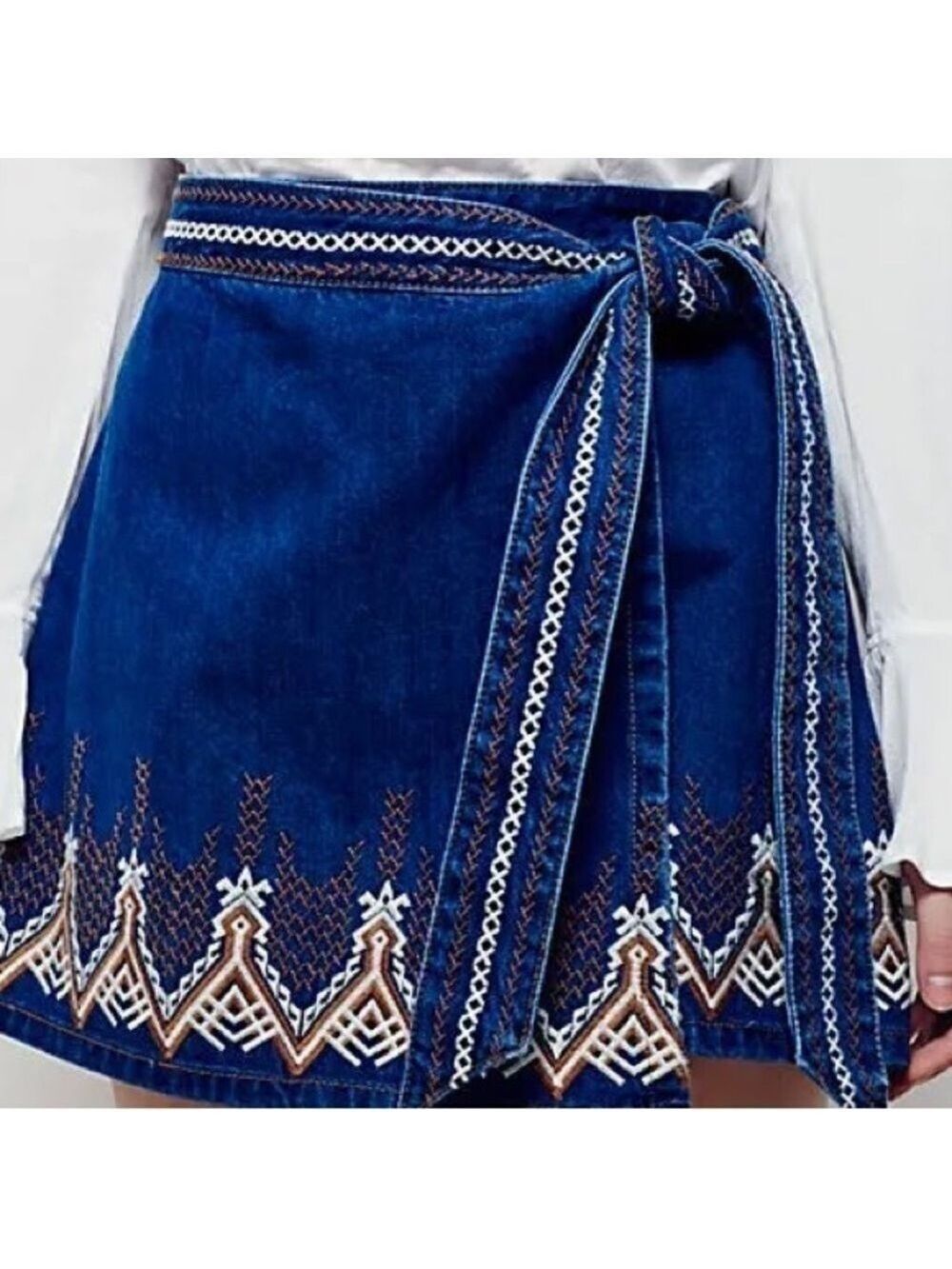 AVANTLOOK Women’s Denim Wrap Embroidered Blue Jean Tie Waist Mini Skirt S
